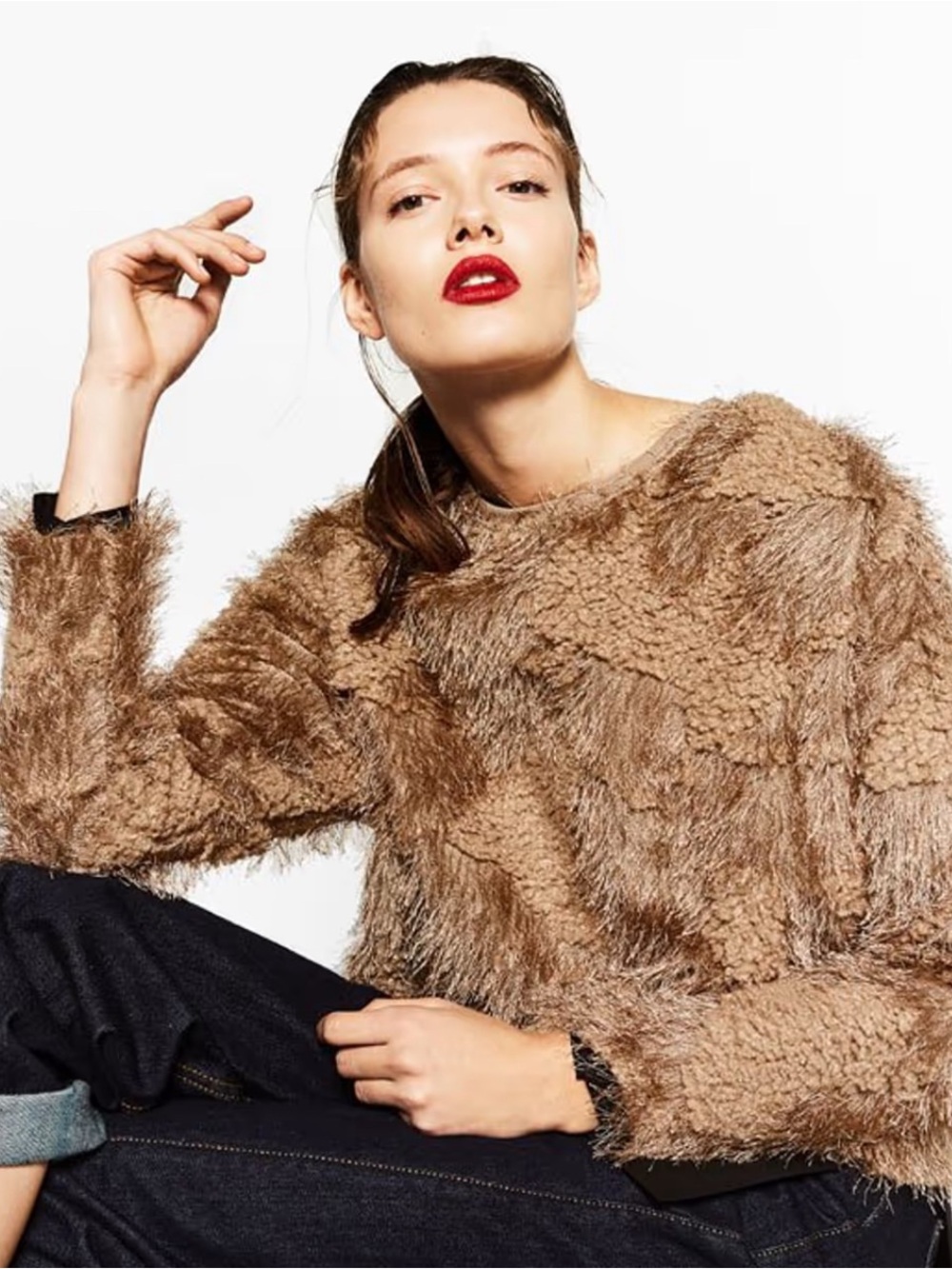 Zara Textured Fringe Eyelash Knit Cropped Sweater Taupe M